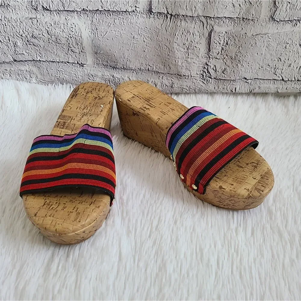 Avenue Greta Y2K Colorful Cork Wedge Heeled Flip Flops Size 10W
